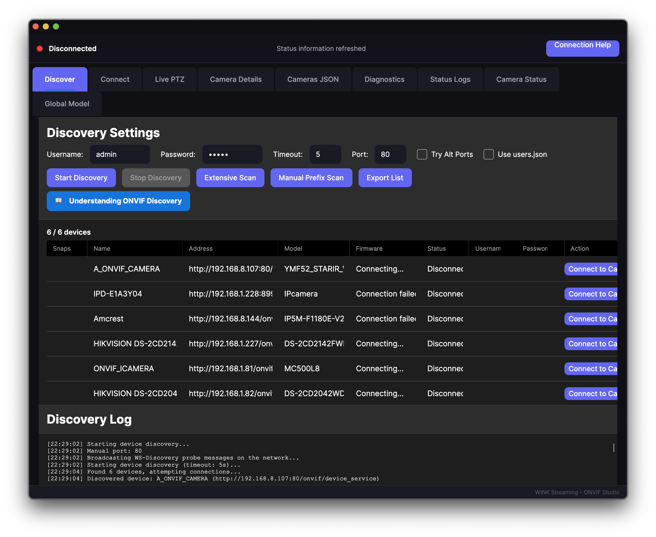 WINK ONVIF Studio Main Interface